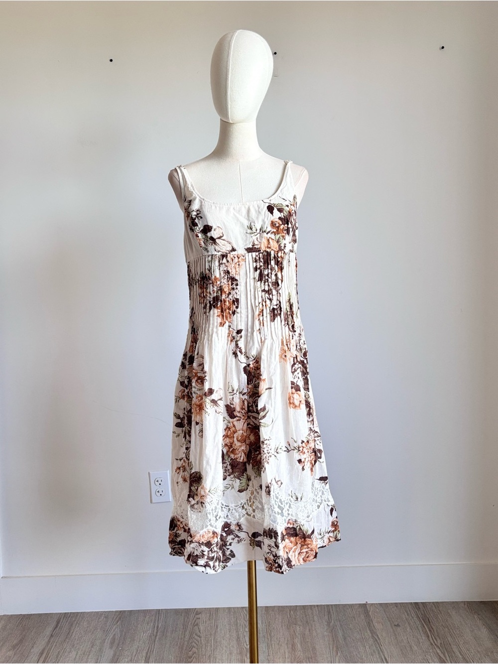 JON Floral Print Pintuck Smocked Lace Trim Midi Dress 12